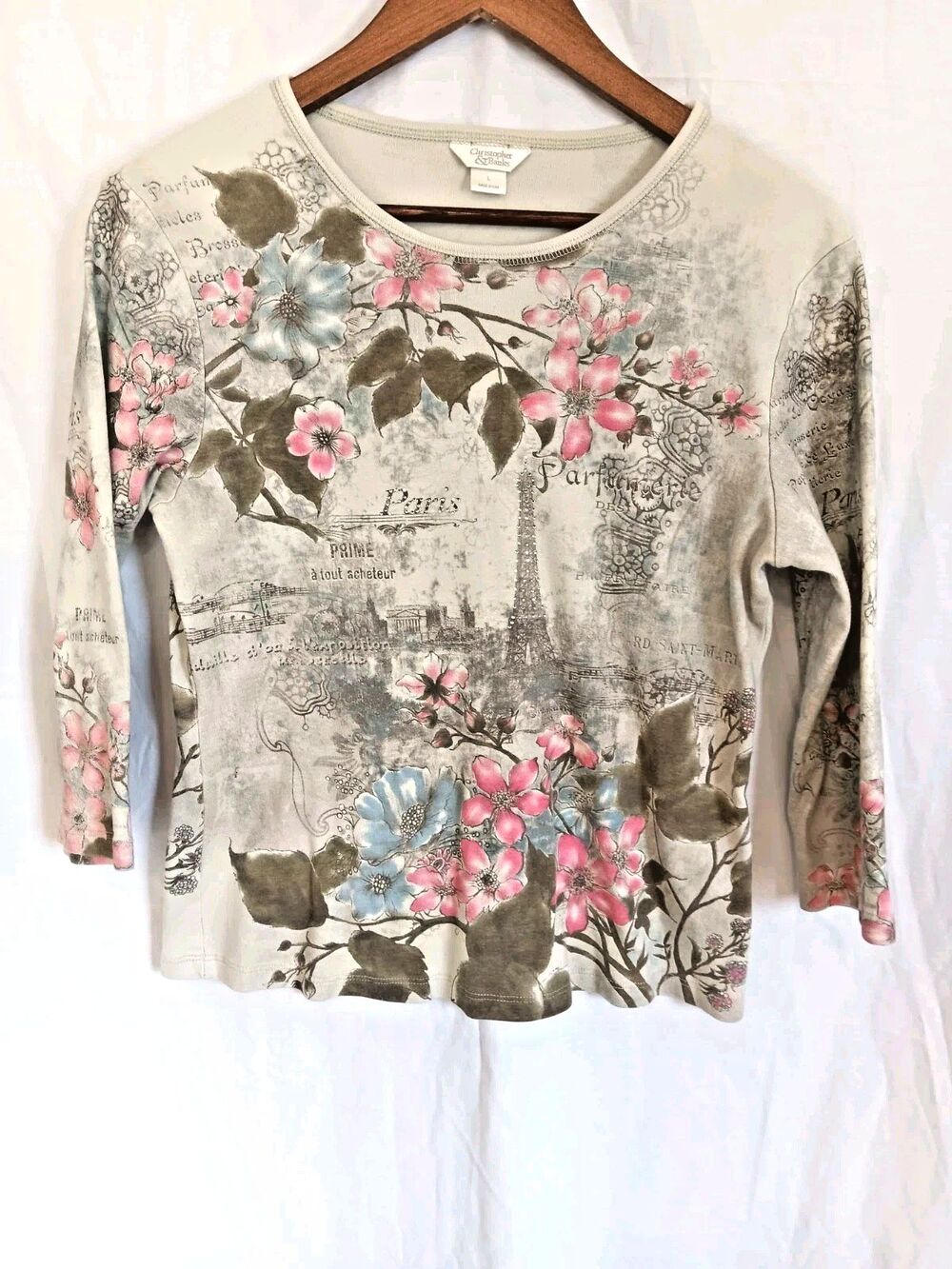Christopher & Banks L Paris Eiffel Tower Floral Rhinestone Top 3/4 Sleeves USA